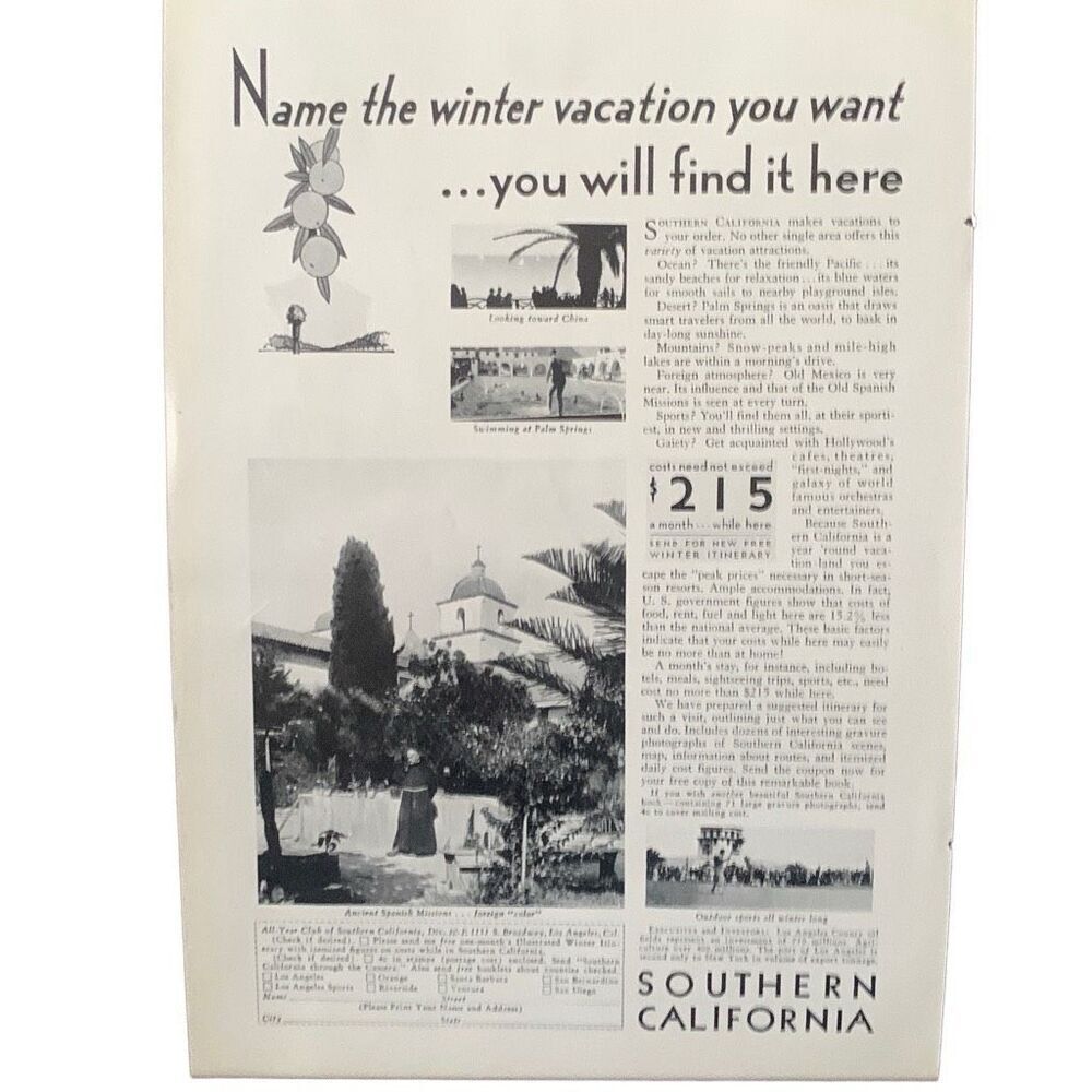 Vintage 1930 Southern California Winter Vacation Ad Advertisement